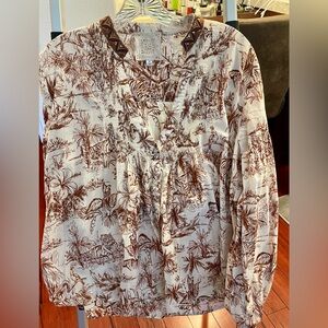 Johnny Was L/Slv button front print creme n chocolate 100% cotton Blouse.
